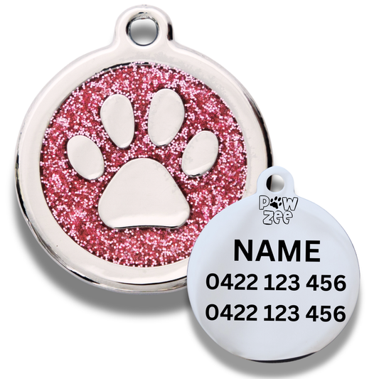 Blue Glitter Stainless Steel Pet Tag with Paw Print