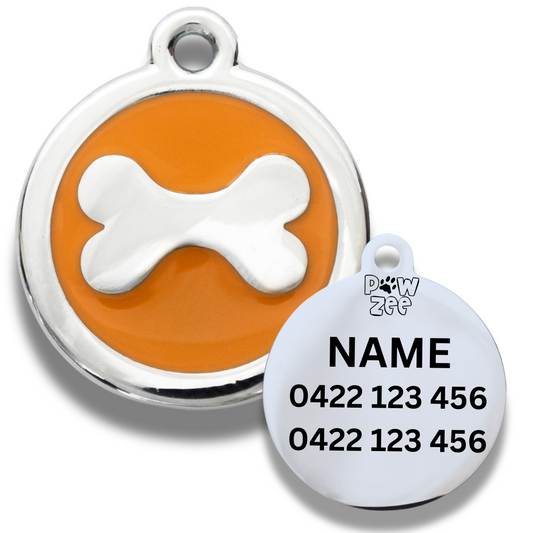 Pet tag with orange background and white bone design, featuring a brand logo.