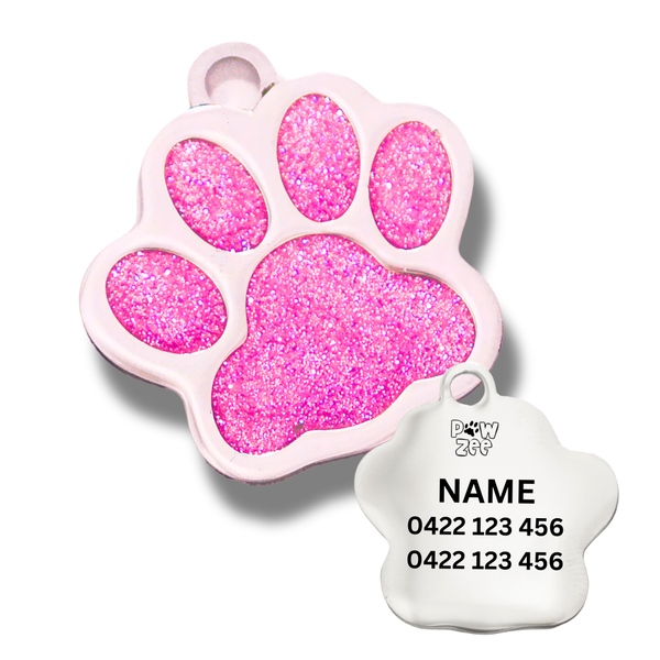Pink Glitter Paw Stainless Steel Dog Tag
