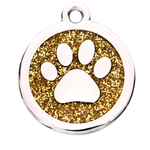 gold glitter pet tag with paw print design and engraving