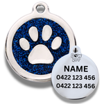 Blue Glitter Pet tag with paw print with engraving