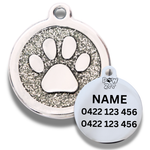 stainless steel glitter Pet tag with paw print design and engraving