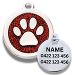 Red Glitter Pet tag with paw print design and engraving