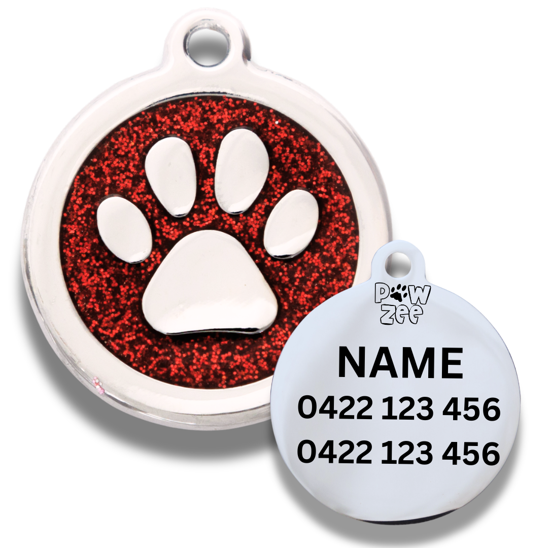 Red Glitter Pet tag with paw print design and engraving