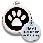 Black Enamel Pet ID tag with paw print design and engraving