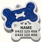 Blue glittery bone-shaped pet tag with white text area on a white background