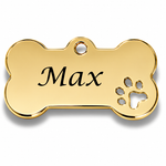 Gold bone-shaped pet tag with 'Max' engraved on a white background