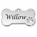 Silver bone-shaped pet tag with 'Willow' engraved on a white background