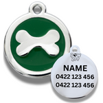 Pet ID tag with green background and white bone design, featuring brand 'Pawz'.