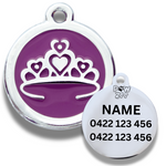 Pet tag with purple tiara design, and engraved text 