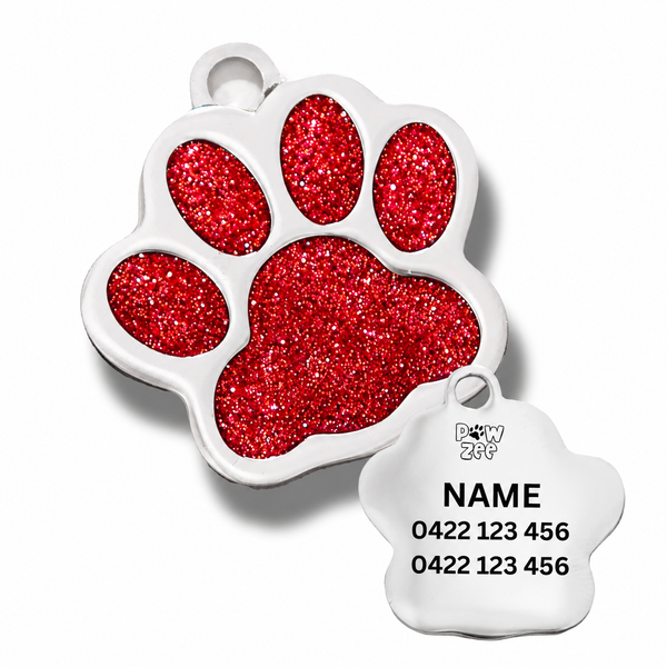 Red Glitter Paw Stainless Steel Dog Tag