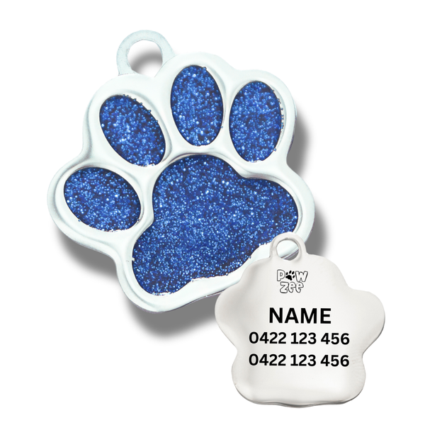 Blue Glitter Paw Stainless Steel Dog Tag