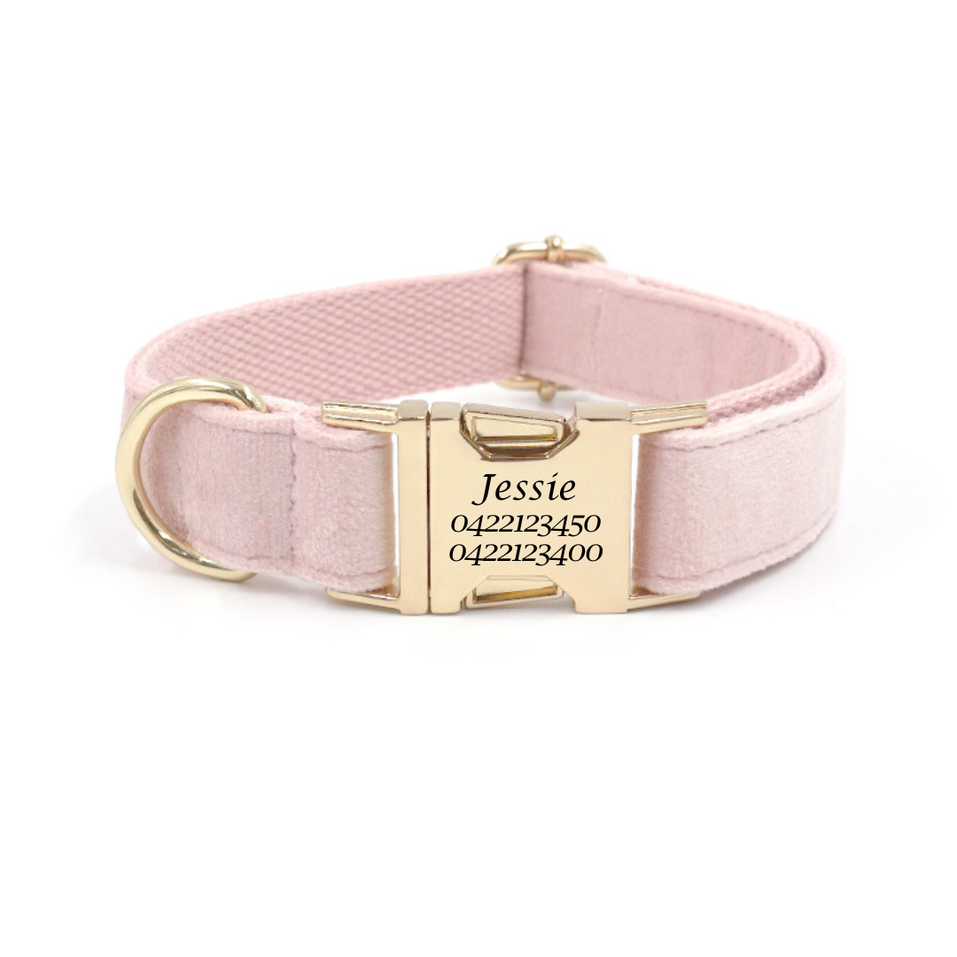 Pink Velvet Dog Collar - Engraved