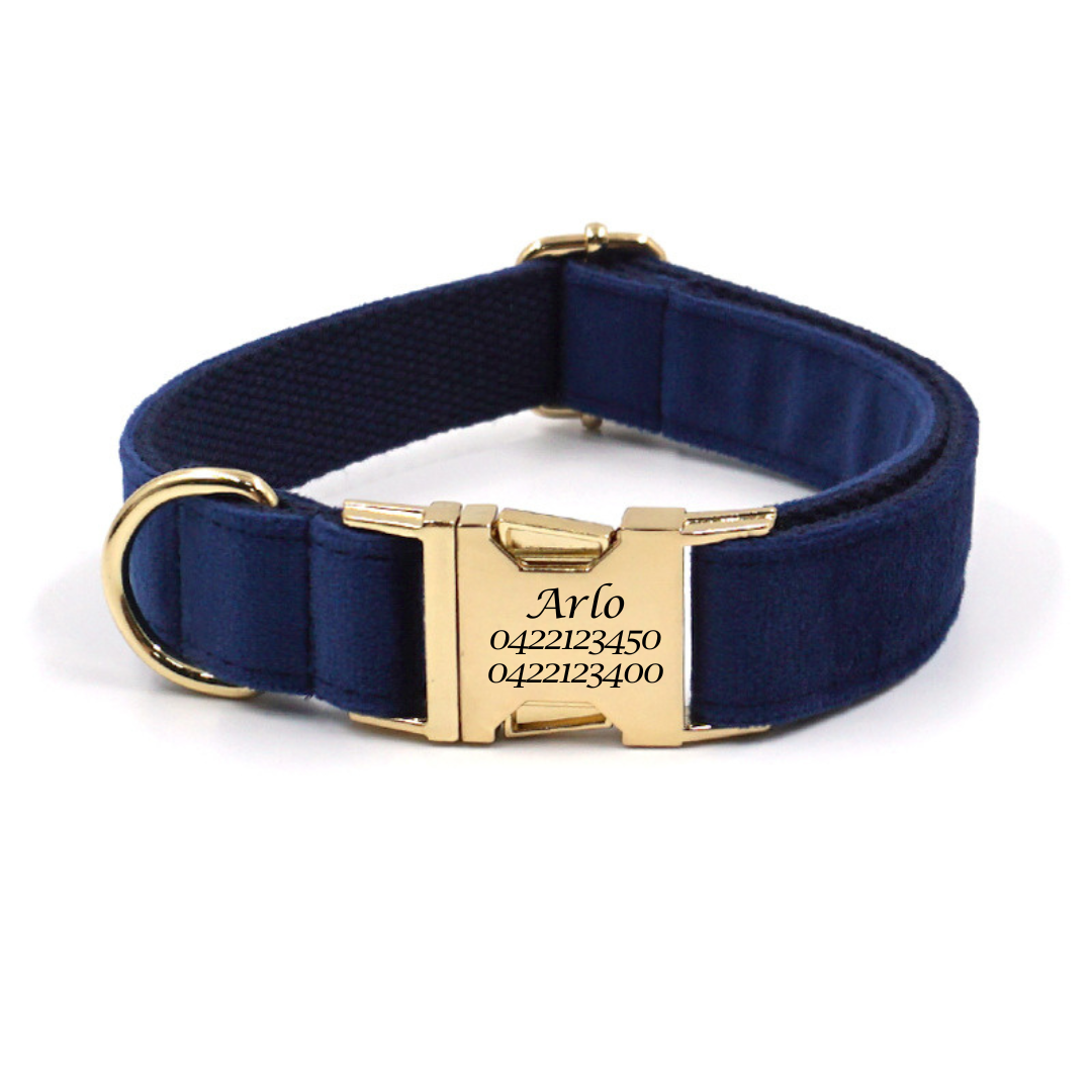 Navy Velvet Dog Collar - Engraved