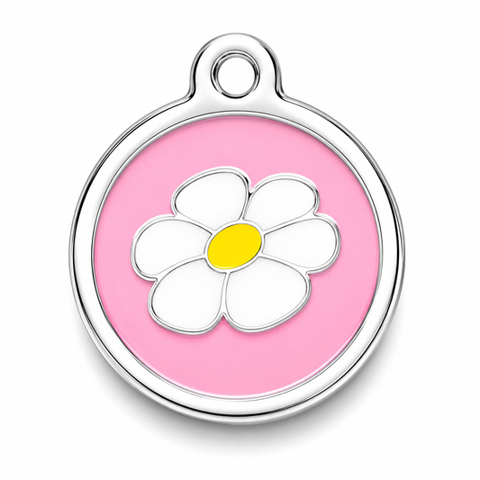 Pink pet tag with flower and engraving