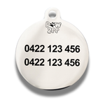 Round metal tag with engraved text and 'PAW ZEE' branding on a white background